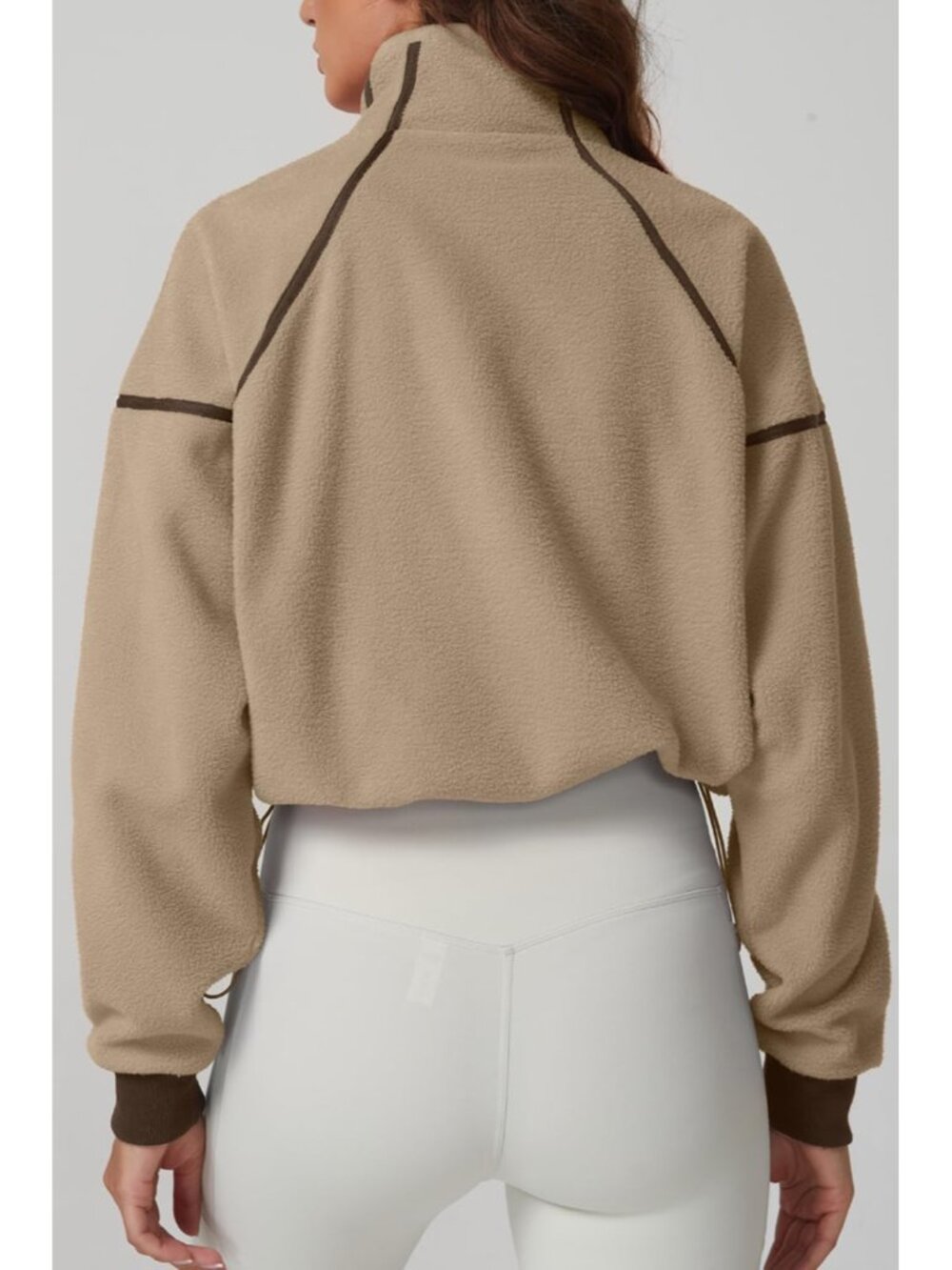 Women’s Khaki Long Sleeve Half ZIP Pullover Cropped Sweatshirt Fleece Jacket - Picture 2 of 6